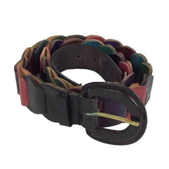 Pieced Leather Belt Ladies S/M Multi-color Buckle Waist Unbranded Vtg 90s - Picture 1 of 6